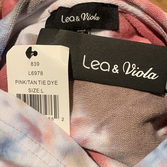 Lea & Viola tan/pink/blue/white tie dye hoodie with cropped hem. NWT, large. - Picture 7 of 7